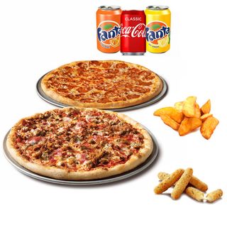 2 Pizzas medianas + 3 Bebidas + 1 Patatas gajo + Fingers queso x5