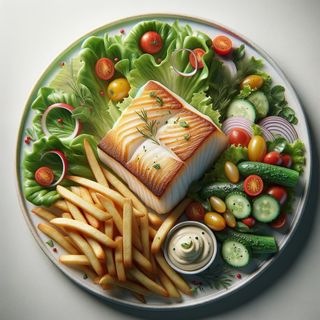 Halibut pieczony z frytkami i zestawem surówek