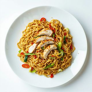 Spaghete prăjite cu carne de pui, ou si legume