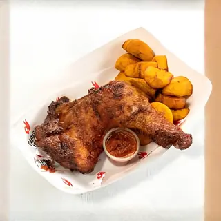 BBQ chicken with French fries, plantain & coleslaw