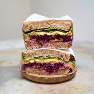 Vegan, hummus, marinated red cabbage, walnuts and lettuce