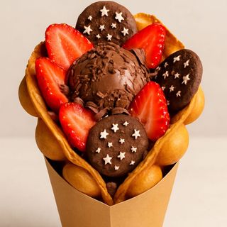 Bubble waffle - cioko bon, fragole, scaglie cioccolato, pan di stelle