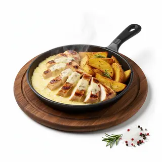 Tagliata di pollo in dalsa di formaggi con patate al forno