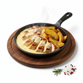 Tagliata di pollo in dalsa di formaggi con patate al forno