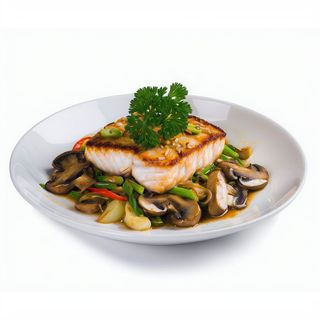 Filete de pescado con setas y bambú