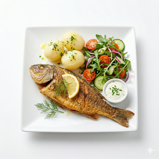 Pescado Del Día Frito, Ensalada Y Patata Cocida