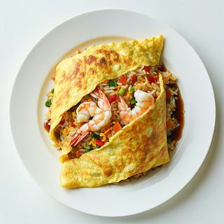 131 - Omelette, Riso Saltato Con Frutti Di Mare E Soia, Avvolto Con Una Omelette