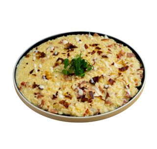 Risotto al gorgonzola “Chiodo Piemontese” e chips di speck “Tirolese” con la sua polvere