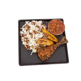 White Rice and Beans, with Local Sauce, Plantain and Fish