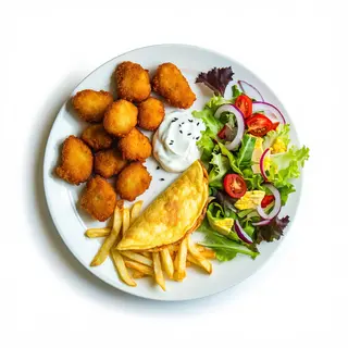 Nuggets Con Papas Fritas Más Tortilla Francesa Y Ensalada