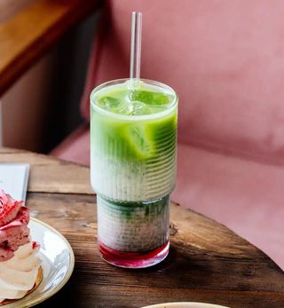 strawberry iced matcha latte