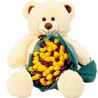 Букет"Тюльпановий настрій"+ Ведмедик гігант (бежевий) 120 см