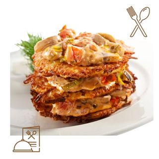 Tortitas de Patata con Salsa de Bacon, Champiñones y Queso