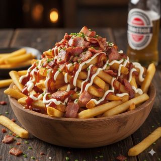 Patate fritte, bacon, salse