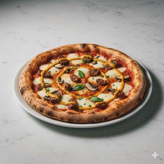 Porcini, salsiccia e crema di peperoni