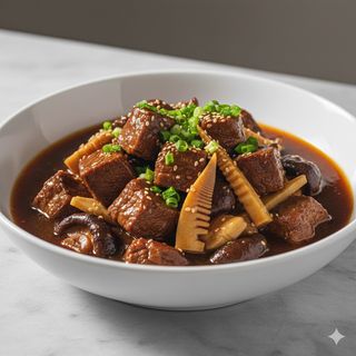 Manzo con funghi invernali e bambù