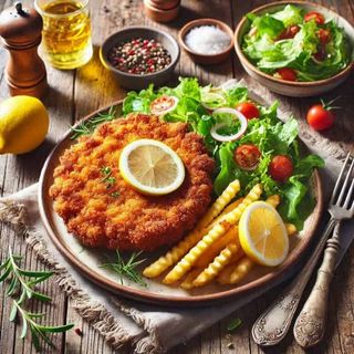 Cotoletta di pollo con patate e insalata