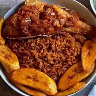 Plantains with Jollof rice and titus fish