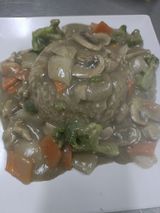 Arroz Blanco Pollo Con Verduras Salsa Cacahuete