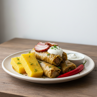 Sarmalute cu afumatura si mamaliguta, smantana si ardei iute
