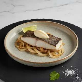 Merluza A La Plancha Con Cama De Cebolla Y Alioli Ligero