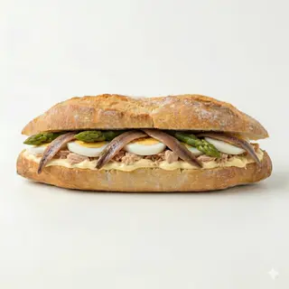 Bocata de Anchoas, Atún, Espárragos, Huevo Duro y Mahonesa