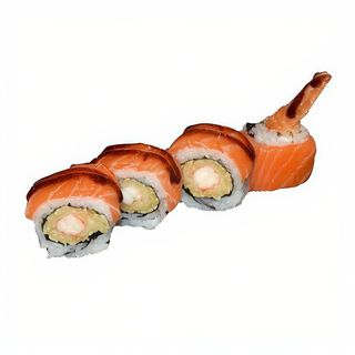 203. Uramaki De Langostino Con Salmón Flameado (4 Uds.)