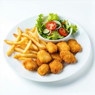 Nuggets de pui cu cartofi prajiti și salata