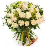 Buchet (1014) din 35 trandafiri albi cu verdeata decorativa