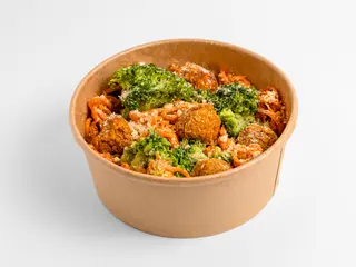 Carrot spaghetti with cheeseless sauce and sweet potato veggie-balls