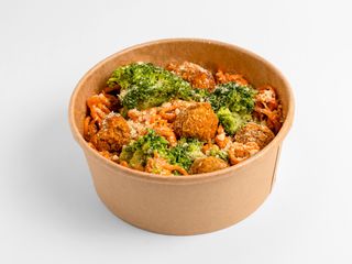 Carrot spaghetti with cheeseless sauce and sweet potato veggie-balls