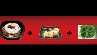 4 Bibimbap coreano + ravioli al vapore + alghe giapponesi 