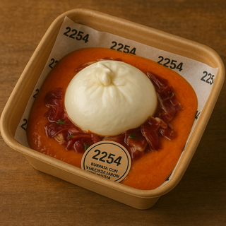 Burrata 100gr con Salmorejo y Virutas de Jamón de Bellota