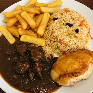 Chips, Pilau, Beef Gravy + Chicken