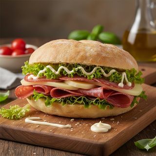 Puccia con salame piccante, formaggio, insalata e maionese
