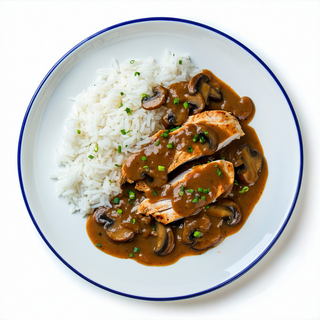 Pollo En Salsa De Champiñones Con Arroz