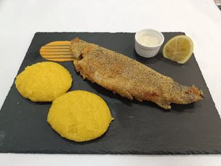 Păstrăv prăjit/ grătar cu mămăliguță și mujdei