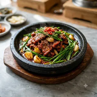 Ternera picante con ajo y cebollinos a la piedra
