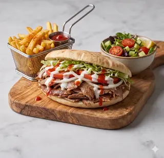 Piatto Döner kebap con patate e insalata