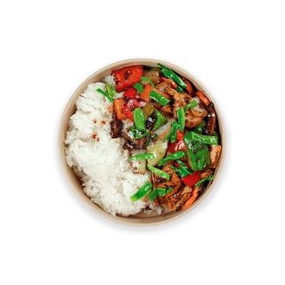 Prik Thai Dum z czarnym pieprzem , ryżem - Krewetką