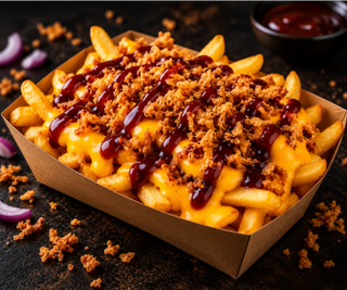 Frytki z sosem cheddar, cebulą prażoną i sosem BBQ