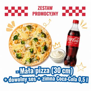 Mała pizza 30cm + dowolny sos +zimna Coca cola 0,5.