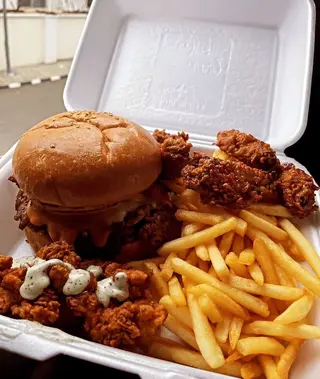 Chicken burger, wings, fries & Soda