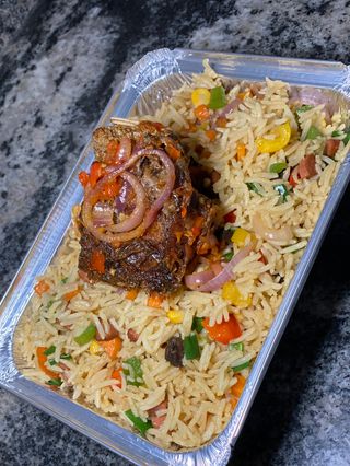 Liver And Hot Dog Fried Rice With Peppered Croaker Fish