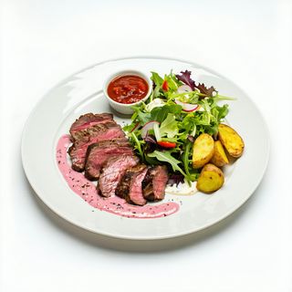 Plato Carne Mixta Con Ensalada Con Patatas Y Salsa