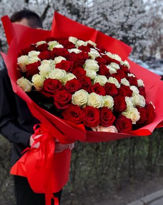 Bukiet - biało czerwonych róż 70-80cm  25szt