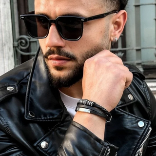 BRANSOLETKA MĘSKA CZARNA SKÓRA PLECIONA SREBRNA