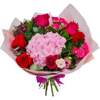 Buchet elegant  cu hortensie, trandafiri, lisianthus, minirose