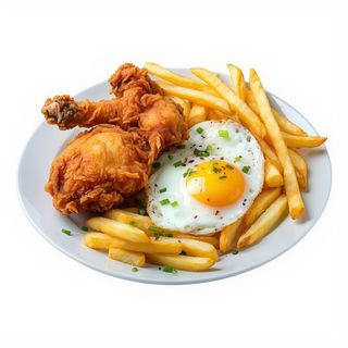 Combinado De Pollo Frito Con Huevo Frito Y Patatas Fritas