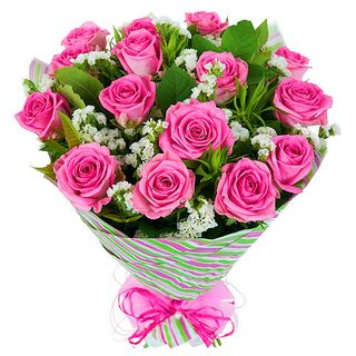 Bukiet 15 różowych róż z przybraniem